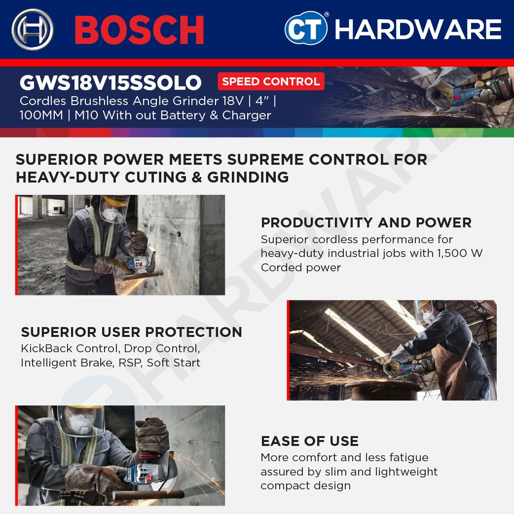 Bosch GWS18V15SSOLO  Cordless Brushless Angle Grinder 18V | 4" | 100MM | M10 With out Battery & Charger [ SOLO UNIT ]