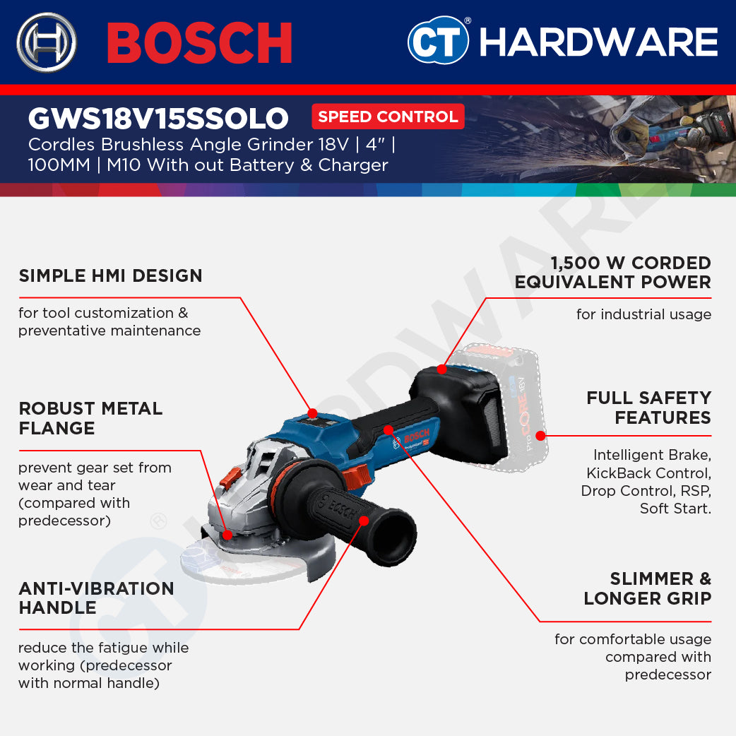 Bosch GWS18V15SSOLO  Cordless Brushless Angle Grinder 18V | 4" | 100MM | M10 With out Battery & Charger [ SOLO UNIT ]