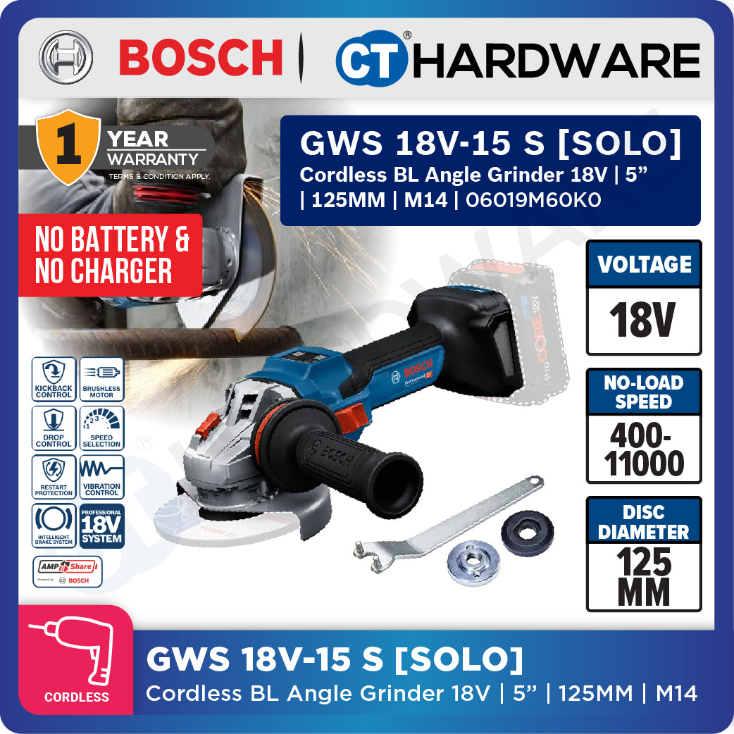 Bosch PRO GWS 18V-15 S Cordless Brushless Angle Grinder 18V 125mm Solo [06019M6000]