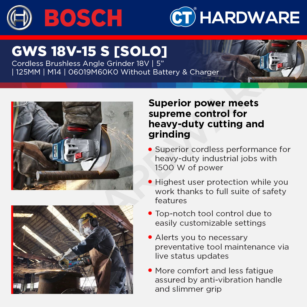 Bosch PRO GWS 18V-15 S Cordless Brushless Angle Grinder 18V 125mm Solo [06019M6000]