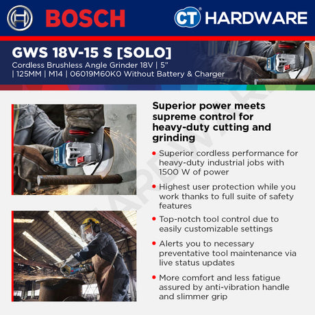 Bosch PRO GWS 18V-15 S Cordless Brushless Angle Grinder 18V 125mm Solo [06019M6000]