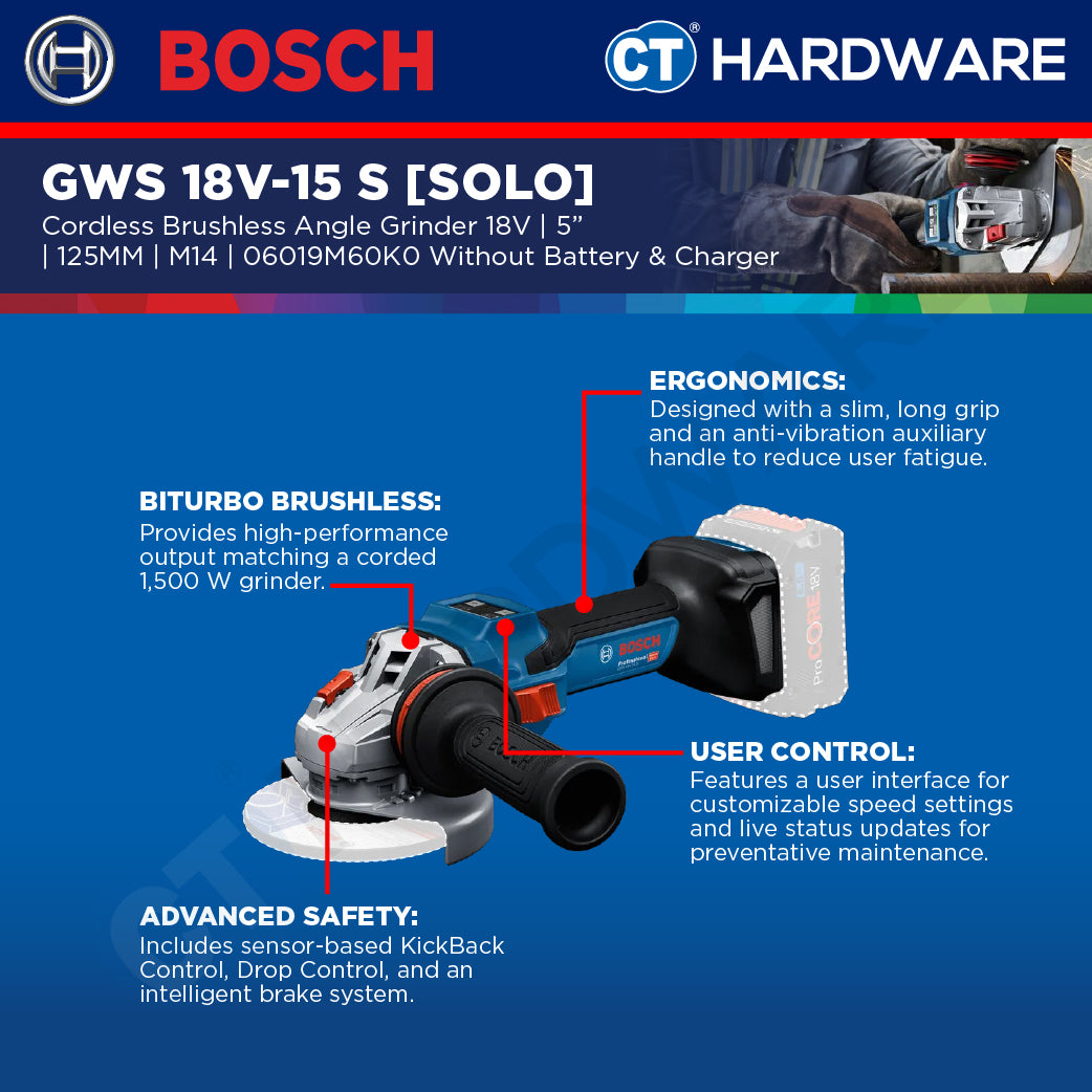 Bosch PRO GWS 18V-15 S Cordless Brushless Angle Grinder 18V 125mm Solo [06019M6000]