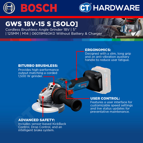 Bosch PRO GWS 18V-15 S Cordless Brushless Angle Grinder 18V 125mm Solo [06019M6000]