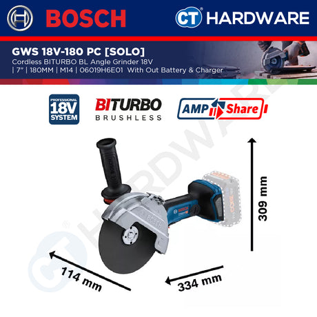 Bosch GWS 18V-180 PC SOLO Cordless BITURBO BL Angle Grinder 18V 7" [GWS18V180PCSOLO]