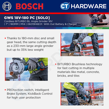 Bosch GWS 18V-180 PC SOLO Cordless BITURBO BL Angle Grinder 18V 7" [GWS18V180PCSOLO]