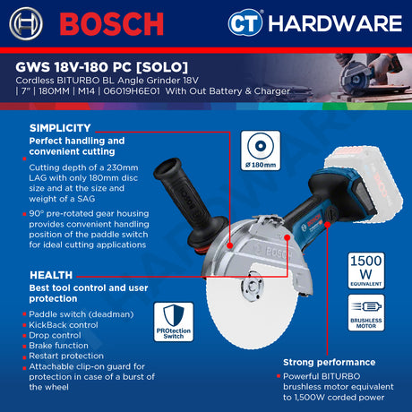 Bosch GWS 18V-180 PC SOLO Cordless BITURBO BL Angle Grinder 18V 7" [GWS18V180PCSOLO]