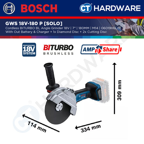 Bosch GWS 18V-180 P SOLO Cordless BITURBO BL Angle Grinder 18V 7"+1x Diamond Disc & 2x EXPERT INOX Cutting Disc [GWS18V180PSOLO]