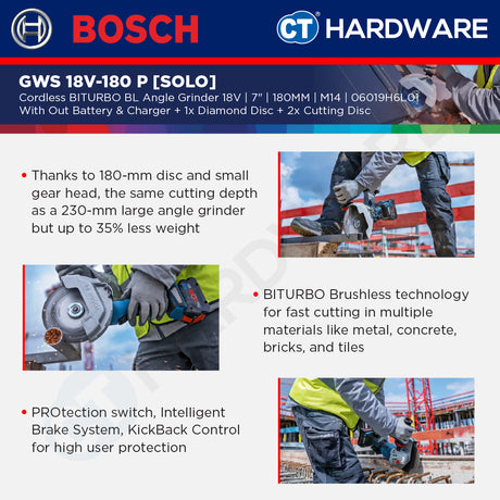 Bosch GWS 18V-180 P SOLO Cordless BITURBO BL Angle Grinder 18V 7"+1x Diamond Disc & 2x EXPERT INOX Cutting Disc [GWS18V180PSOLO]