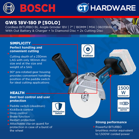 Bosch GWS 18V-180 P SOLO Cordless BITURBO BL Angle Grinder 18V 7"+1x Diamond Disc & 2x EXPERT INOX Cutting Disc [GWS18V180PSOLO]