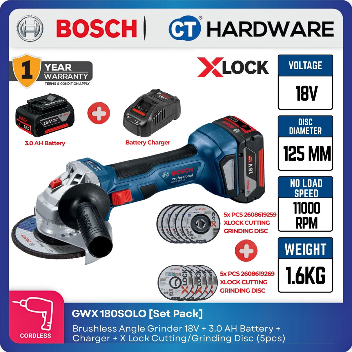 Bosch GWX 180-LI Brushless Angle Grinder 18V 5" (X-LOCK) 06019H91K0 [Set Pack with 3.0Ah Battery]