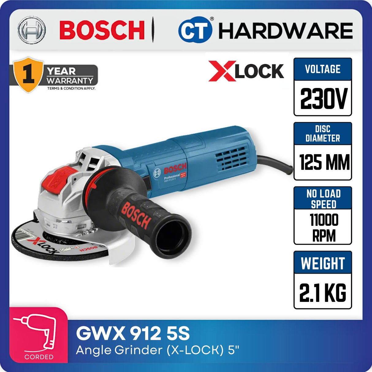Bosch GWX 9-125 S Professional Angle Grinder 125 mm X-LOCK