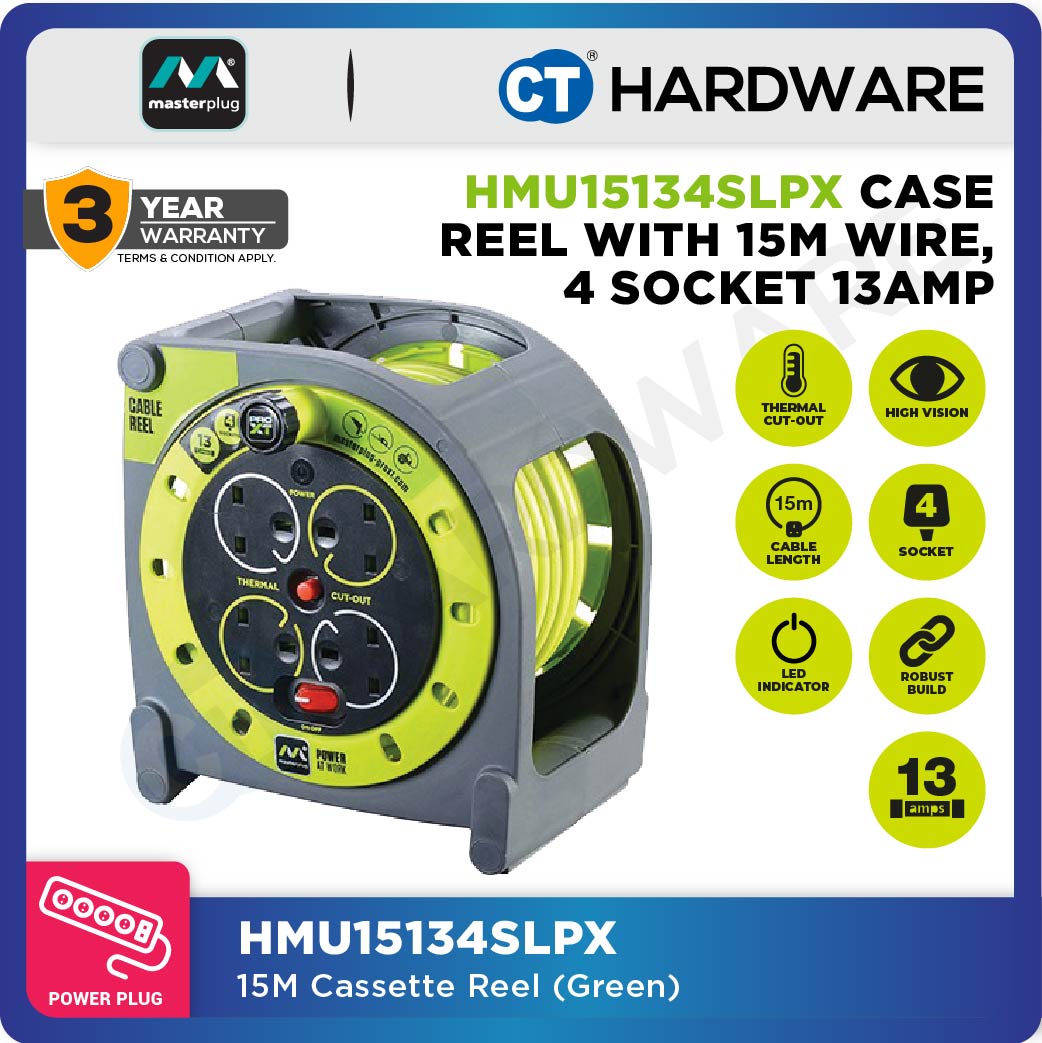 Masterplug HMU15134SLPX Green Case Reel With 15M Green Wire,4 Socket 13Amps