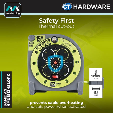 Masterplug HMU15134SLPX Green Case Reel With 15M Green Wire,4 Socket 13Amps