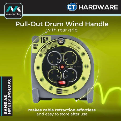 Masterplug HMU15134SLPX Green Case Reel With 15M Green Wire,4 Socket 13Amps