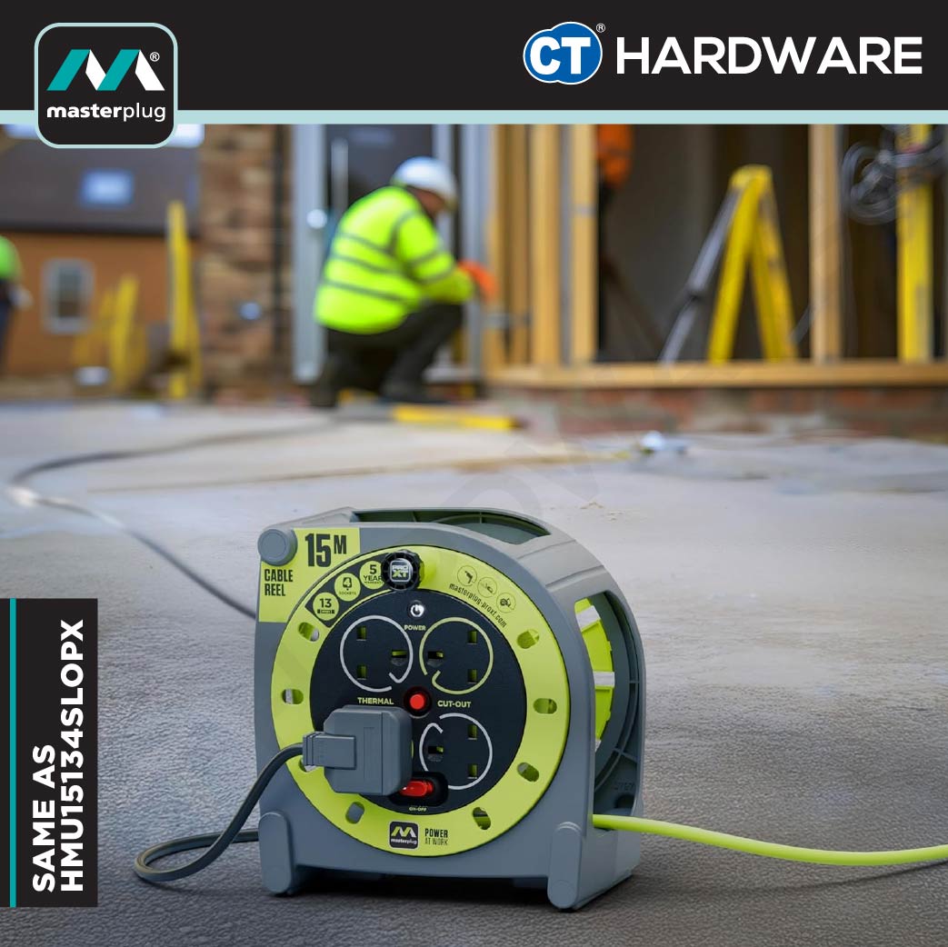 Masterplug HMU15134SLPX Green Case Reel With 15M Green Wire,4 Socket 13Amps