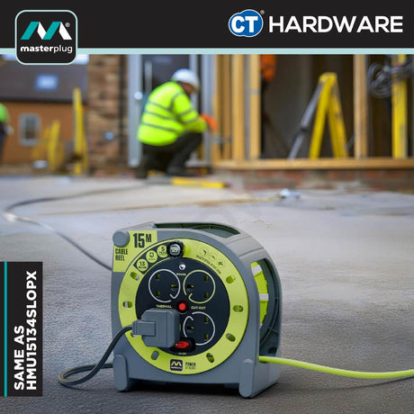 Masterplug HMU15134SLPX Green Case Reel With 15M Green Wire,4 Socket 13Amps