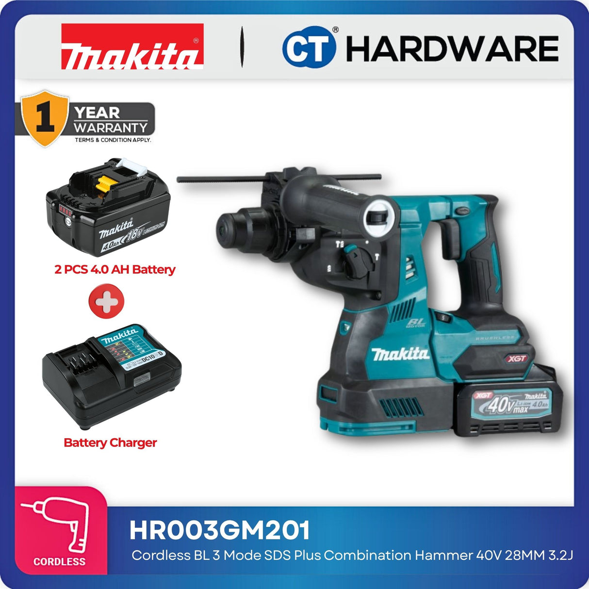Makita HR003 Cordless Brushless Combination Hammer 40Vmax | 28mm | 3.2J | HR003GM201  [With Battery 40V 4.0Ah & Charger]
