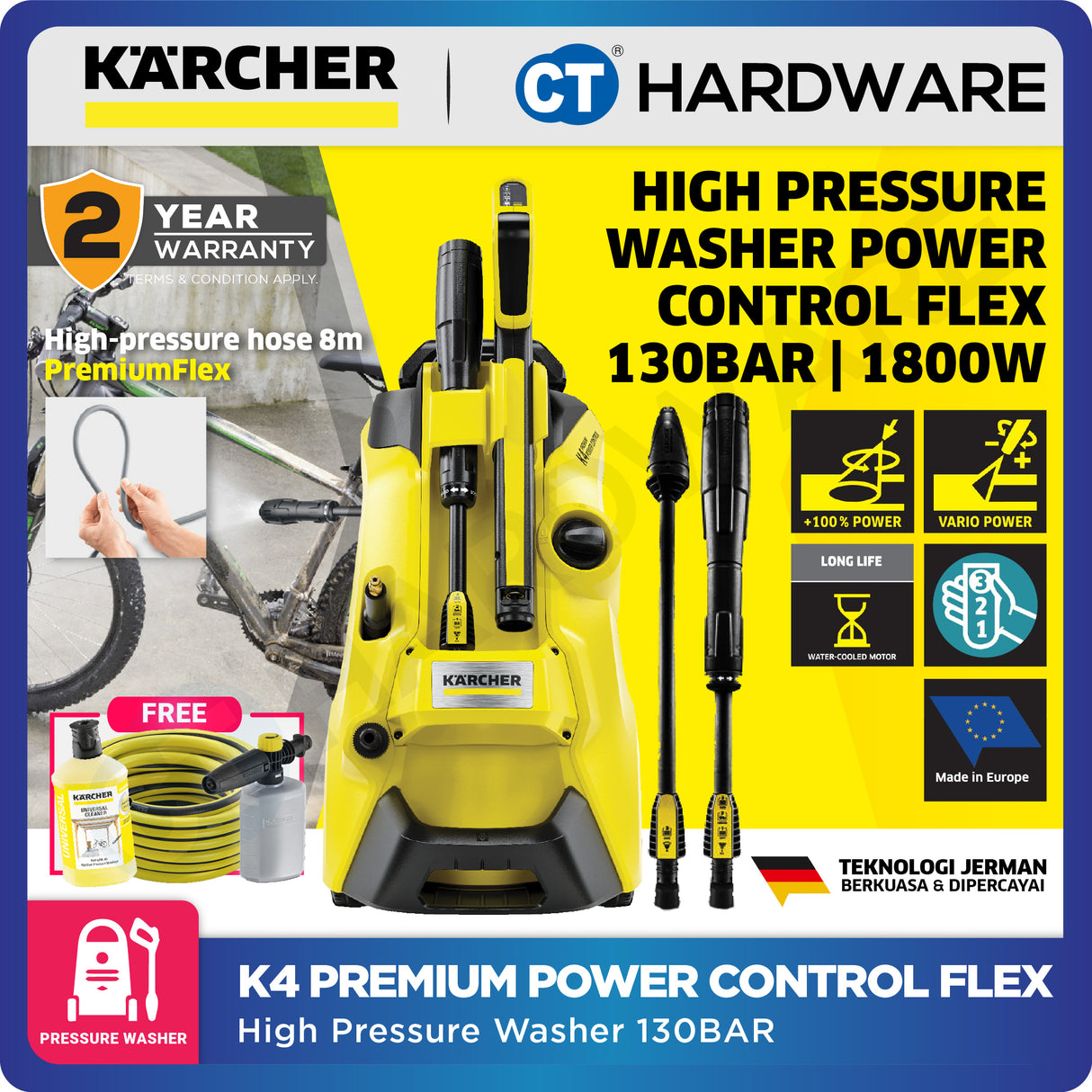 KARCHER K4 PREMIUM POWER CONTROL FLEX | HIGH PRESSURE WASHER 130BAR | 50Hz | MAX.420 L/H | CORD 5M | 8M FLEX HOSE