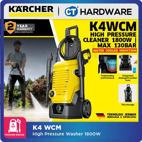 KARCHER K4 WCM HIGH PRESSURE CLEANER 1800W MAX 130BAR 7L/M (13242000) ( WATER COOLED INDUCTION ) 6M PRE HOSE [ K4WCM ]
