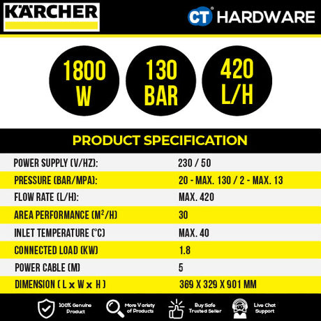 KARCHER K4 WCM HIGH PRESSURE CLEANER 1800W MAX 130BAR 7L/M (13242000) ( WATER COOLED INDUCTION ) 6M PRE HOSE [ K4WCM ]