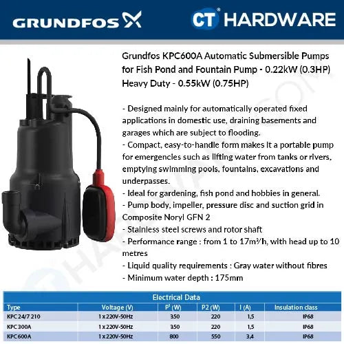 Grundfos KPC 300 A Automatic Submersible Drainage Pumps 0.22kW [KPC300A]