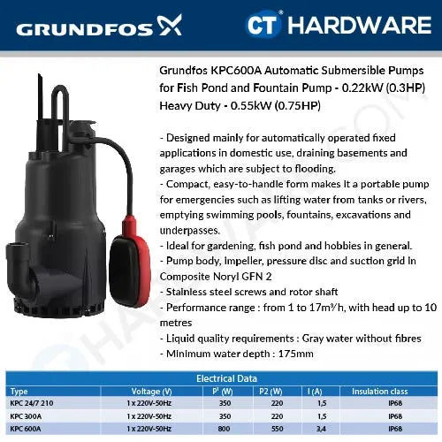 Grundfos KPC 600 A Automatic Submersible Drainage Pumps 0.55kW [KPC600A]