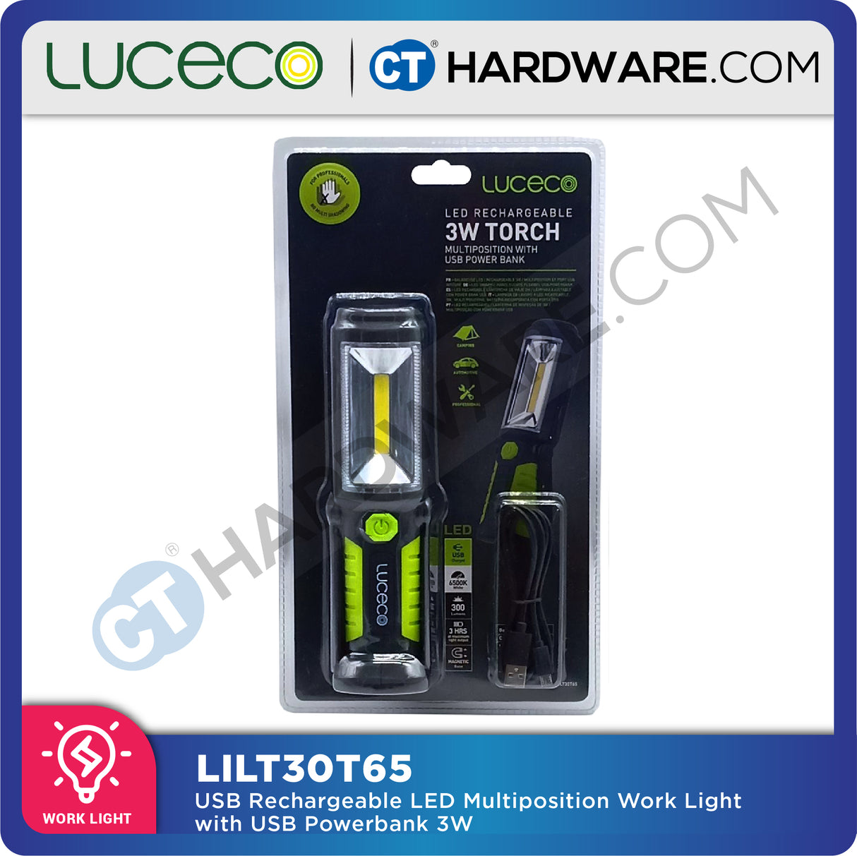 Luceco LILT30T651A 3W Multiposition Rechargeable Worklight | Power Bank Function