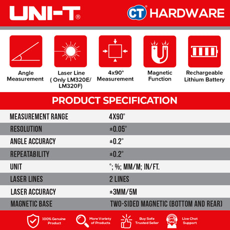 UNI-T LM320E Digital Angle Meter 2-Line Laser 4 x 90° ±0.2°