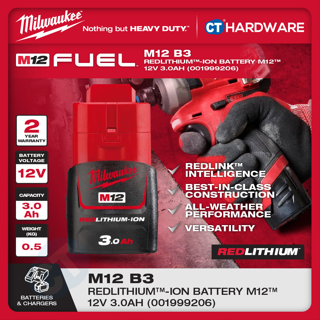 Milwaukee Redlithium™-Ion Battery M12™ 12V, 2.5AH, 3.0AH, 4.0AH, 5.0AH, 6.0AH & M12™- M18™ Charger