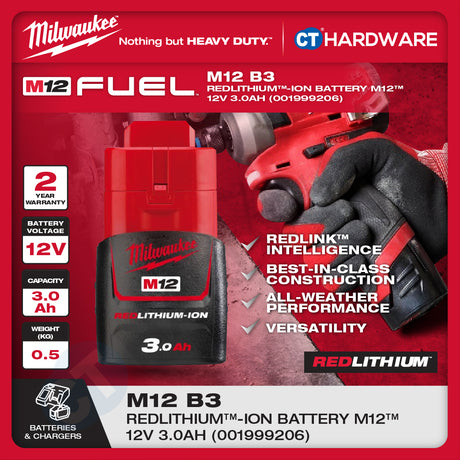 Milwaukee Redlithium™-Ion Battery M12™ 12V, 2.5AH, 3.0AH, 4.0AH, 5.0AH, 6.0AH & M12™- M18™ Charger