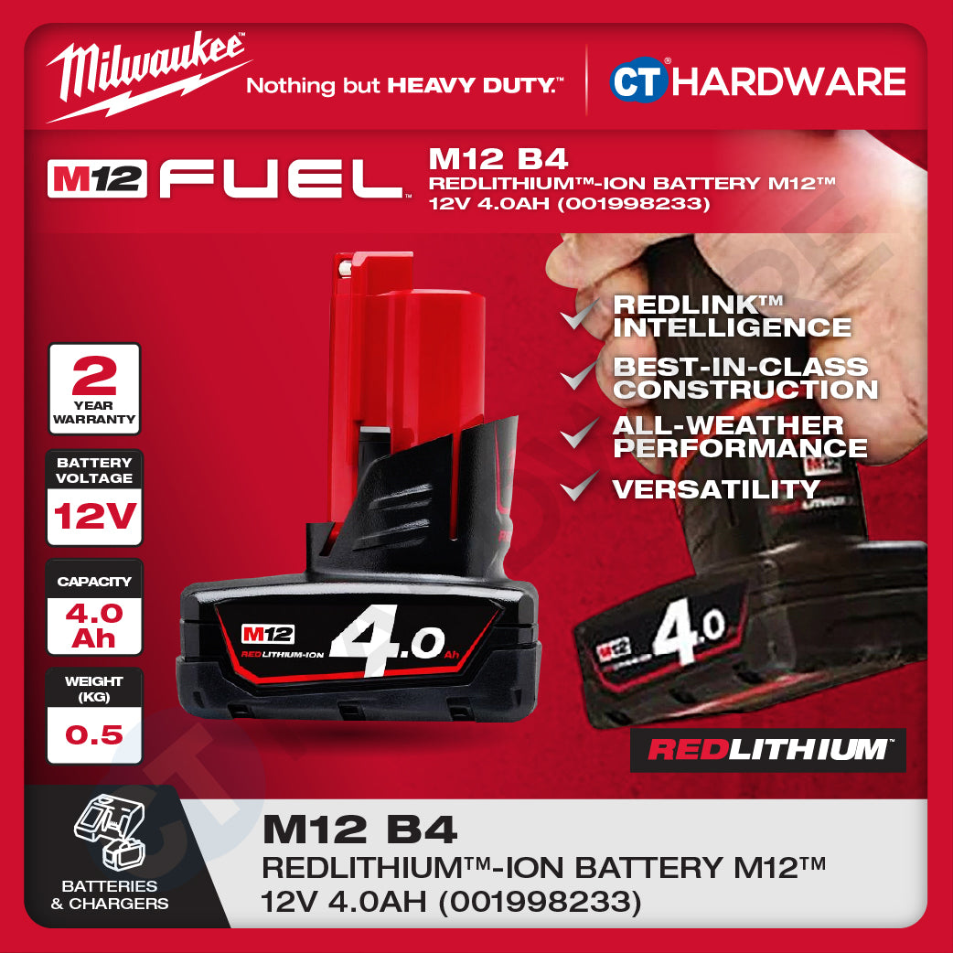 Milwaukee Redlithium™-Ion Battery M12™ 12V, 2.5AH, 3.0AH, 4.0AH, 5.0AH, 6.0AH & M12™- M18™ Charger