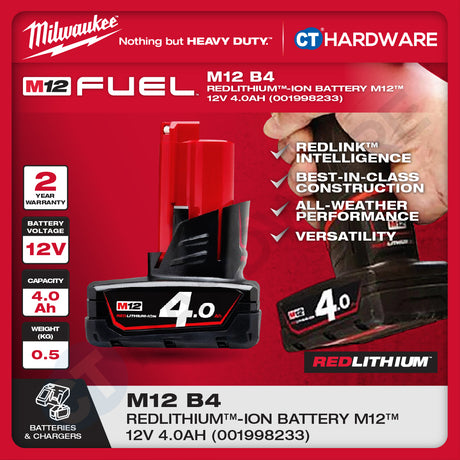 Milwaukee Redlithium™-Ion Battery M12™ 12V, 2.5AH, 3.0AH, 4.0AH, 5.0AH, 6.0AH & M12™- M18™ Charger
