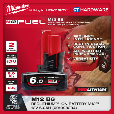 Milwaukee Redlithium™-Ion Battery M12™ 12V, 2.5AH, 3.0AH, 4.0AH, 5.0AH, 6.0AH & M12™- M18™ Charger