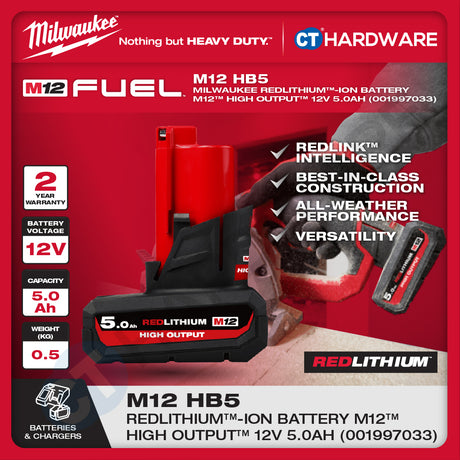 Milwaukee Redlithium™-Ion Battery M12™ 12V, 2.5AH, 3.0AH, 4.0AH, 5.0AH, 6.0AH & M12™- M18™ Charger
