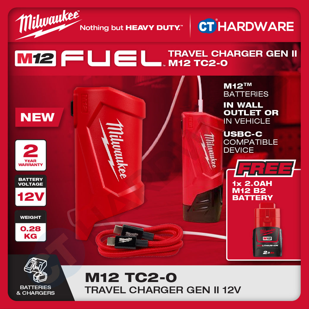 Milwaukee M12 TC2-0 | M12 Travel Charger Gen II 12V, BARE UNIT, FREE 1x 1x 2.0AH M12 B2 Battery