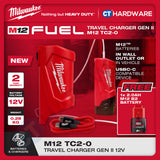 Milwaukee M12 TC2-0 | M12 Travel Charger Gen II 12V, BARE UNIT, FREE 1x 1x 2.0AH M12 B2 Battery