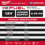 Milwaukee M12 TC2-0 | M12 Travel Charger Gen II 12V, BARE UNIT, FREE 1x 1x 2.0AH M12 B2 Battery