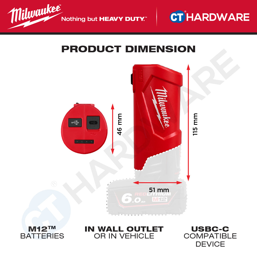 Milwaukee M12 TC2-0 | M12 Travel Charger Gen II 12V, BARE UNIT, FREE 1x 1x 2.0AH M12 B2 Battery