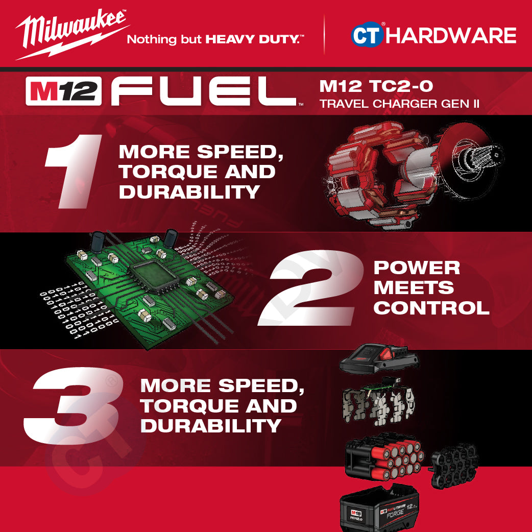 Milwaukee M12 TC2-0 | M12 Travel Charger Gen II 12V, BARE UNIT, FREE 1x 1x 2.0AH M12 B2 Battery