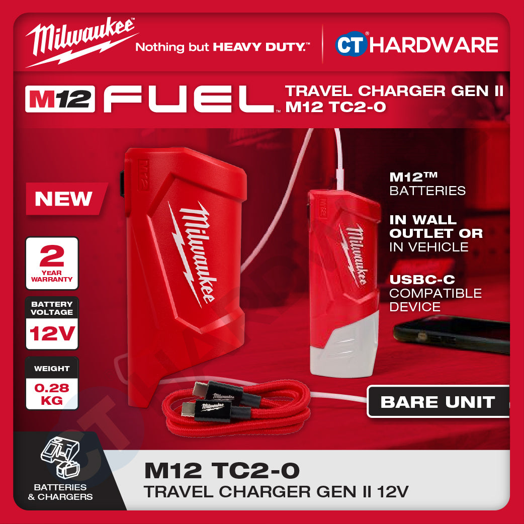 Milwaukee M12 TC2-0 | M12 Travel Charger Gen II 12V, BARE UNIT, FREE 1x 1x 2.0AH M12 B2 Battery