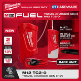 Milwaukee M12 TC2-0 | M12 Travel Charger Gen II 12V, BARE UNIT, FREE 1x 1x 2.0AH M12 B2 Battery