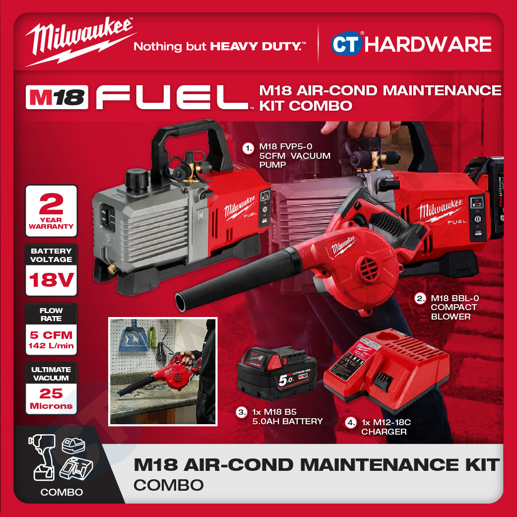 Milwaukee M18 AIR-COND MAINTENANCE KIT Combo, M18 FVP5-0 5CFM Vacuum Pump, M18 BBL-0 Compact Blower Come With 1x M18 B5 5.0Ah Battery and Charger