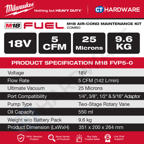 Milwaukee M18 AIR-COND MAINTENANCE KIT Combo, M18 FVP5-0 5CFM Vacuum Pump, M18 BBL-0 Compact Blower Come With 1x M18 B5 5.0Ah Battery and Charger