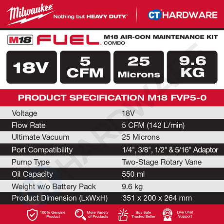 Milwaukee M18 AIR-CON MAINTENANCE KIT Combo, M18 FVP5-0 5CFM Vacuum Pump, M18 BBL-0 Compact Blower Come With 1x M18 B5 5.0Ah Battery and Charger