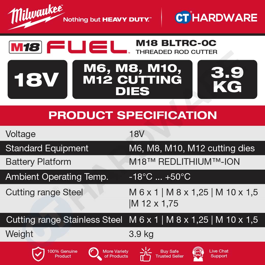 Milwaukee M18BLTRC-0C M18™ Brushless Threaded Rod Cutter 18V Heavy Duty Mesin Potong Besi Rod