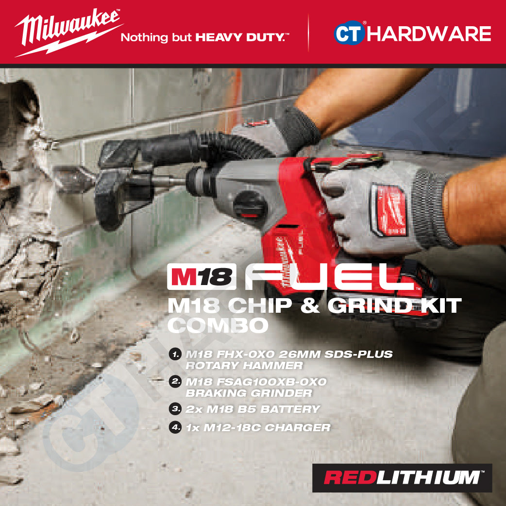 Milwaukee M18 CHIP & GRIND KIT Combo, M18 FHX-0X0 26MM SDS-Plus Rotary Hammer, M18 FSAG100XB-0X0 Braking Grinder