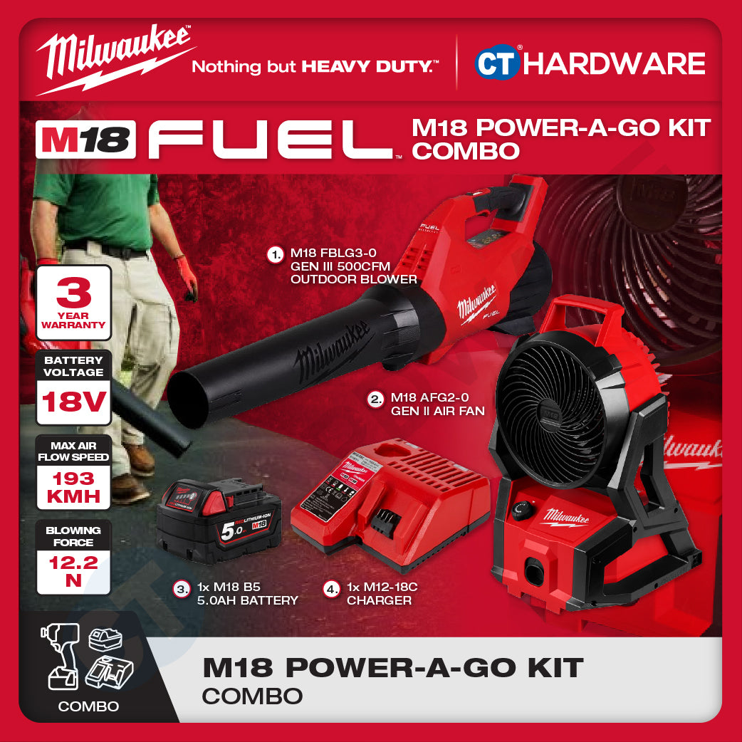Milwaukee M18 POWER-A-GO KIT Combo, M18 FBLG3-0 Gen III Blower, M18 AFG2-0 Gen II Air Fan | Battery & Charger