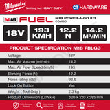 Milwaukee M18 POWER-A-GO KIT Combo, M18 FBLG3-0 Gen III Blower, M18 AFG2-0 Gen II Air Fan | Battery & Charger