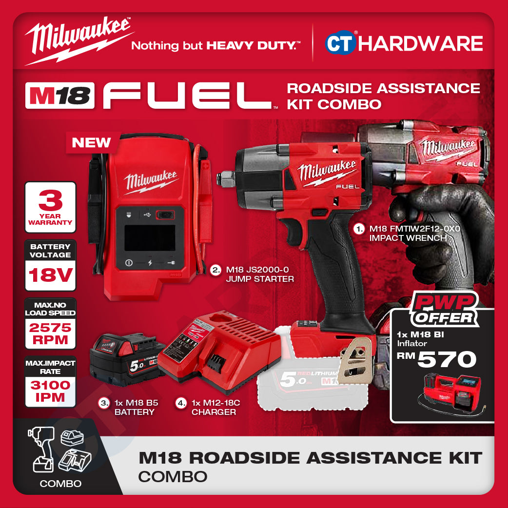 Milwaukee M18 ROADSIDE ASSISTANCE KIT Combo, M18™ FUEL™ Mid Torque Impact Wrench, M18™ Jump Starter, 1x 5.0Ah Battery & Charger