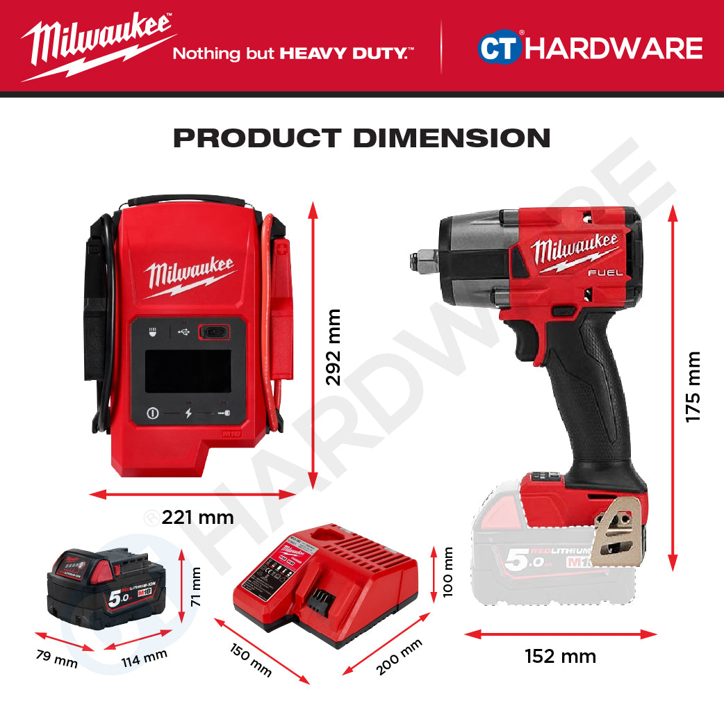 Milwaukee M18 ROADSIDE ASSISTANCE KIT Combo, M18™ FUEL™ Mid Torque Impact Wrench, M18™ Jump Starter, 1x 5.0Ah Battery & Charger